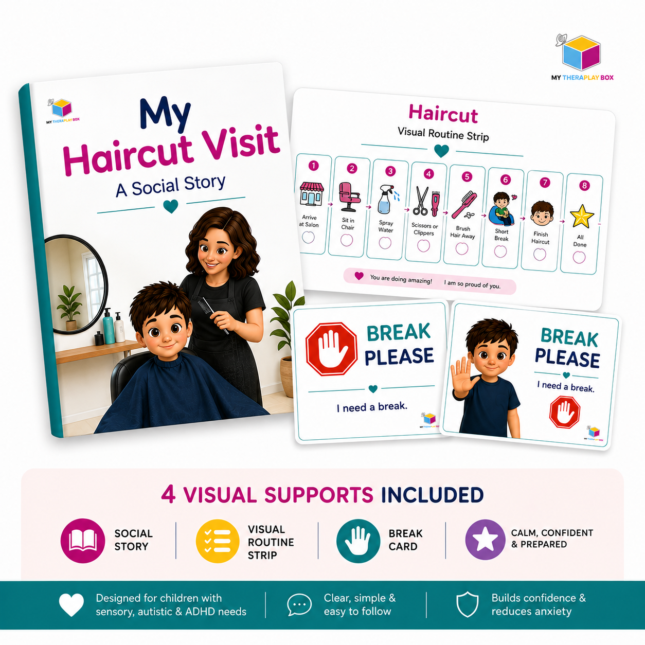 Haircut Visuals Pack: Social Story, Visual Routine Strip and Break Card