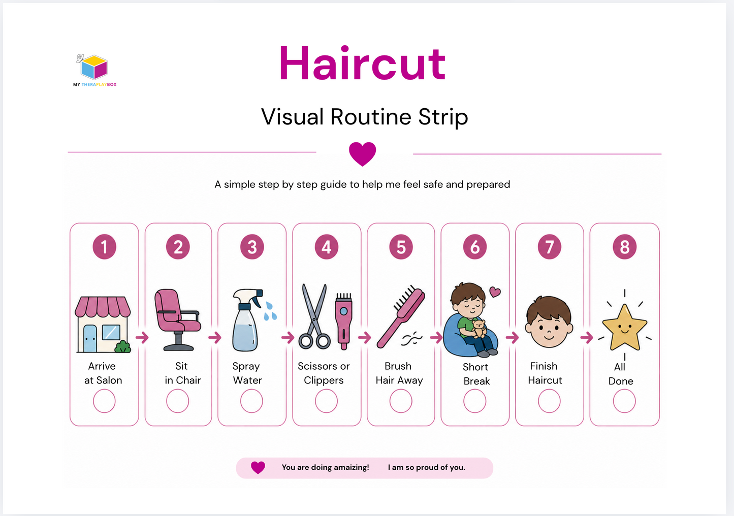 Haircut Visuals Pack: Social Story, Visual Routine Strip and Break Card