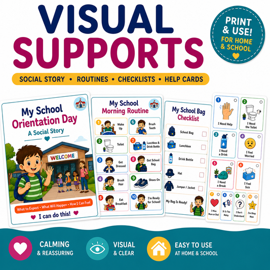Ten printable classroom communication cards for children starting school, including I Need Help, I Need a Break and I Don't Understand